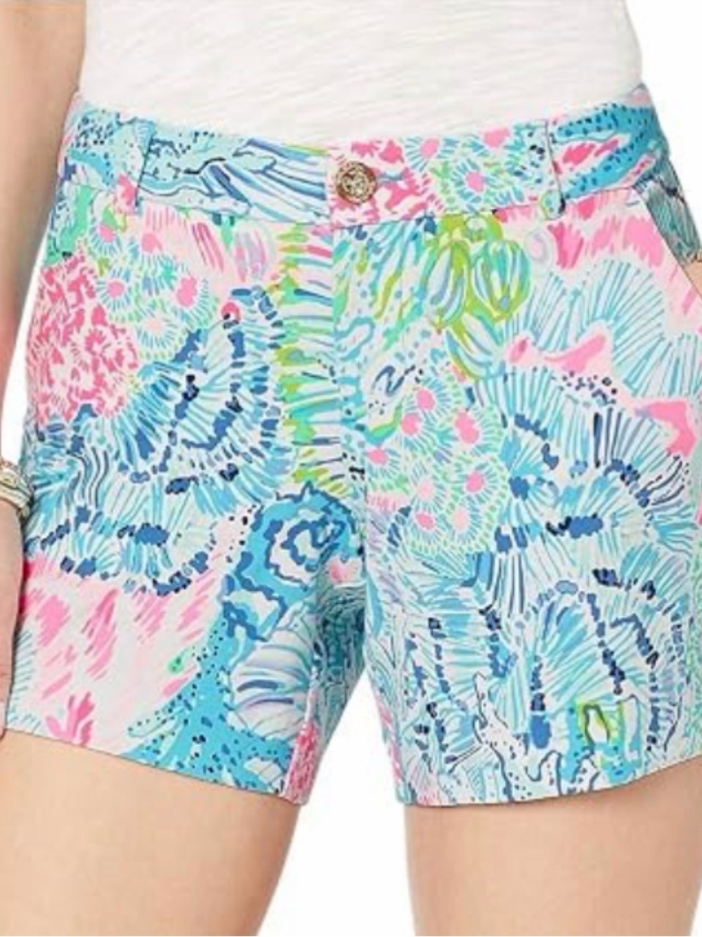Lilly Pulitzer Bright Pink, Teal & Navy Coral-Print High Waist Knit Shorts 2
